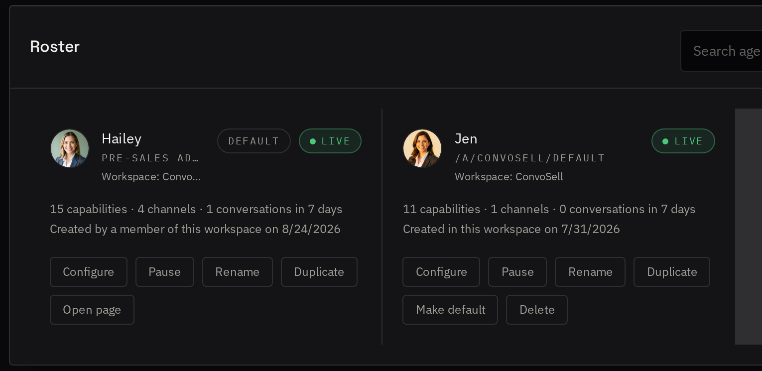 The agent roster in the console, each agent with its status and capabilities